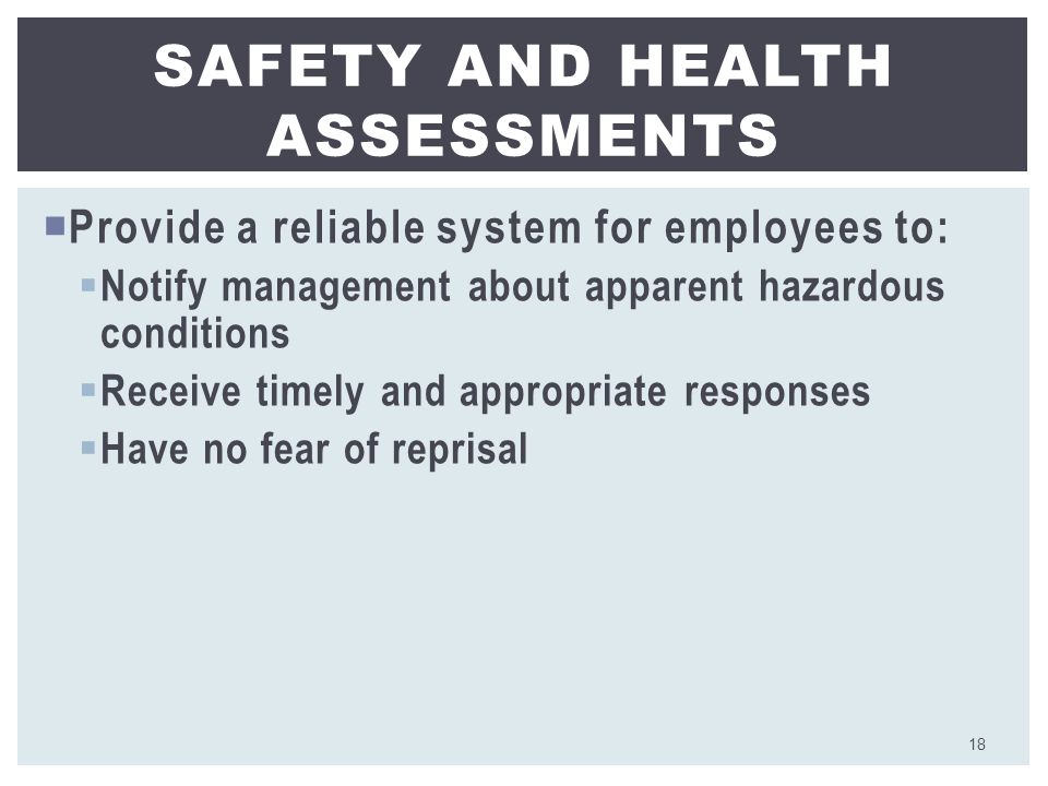  Provide a reliable system for employees to:  Notify management about apparent hazardous conditions  Receive timely and appropriate responses  Have no fear of reprisal SAFETY AND HEALTH ASSESSMENTS 18