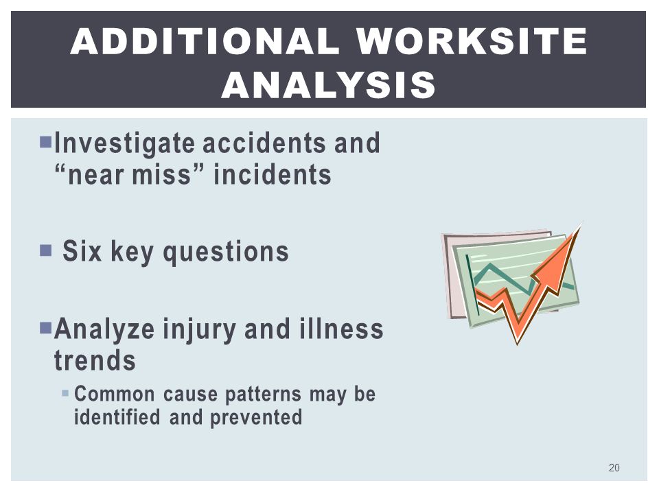  Investigate accidents and near miss incidents  Six key questions  Analyze injury and illness trends  Common cause patterns may be identified and prevented ADDITIONAL WORKSITE ANALYSIS 20