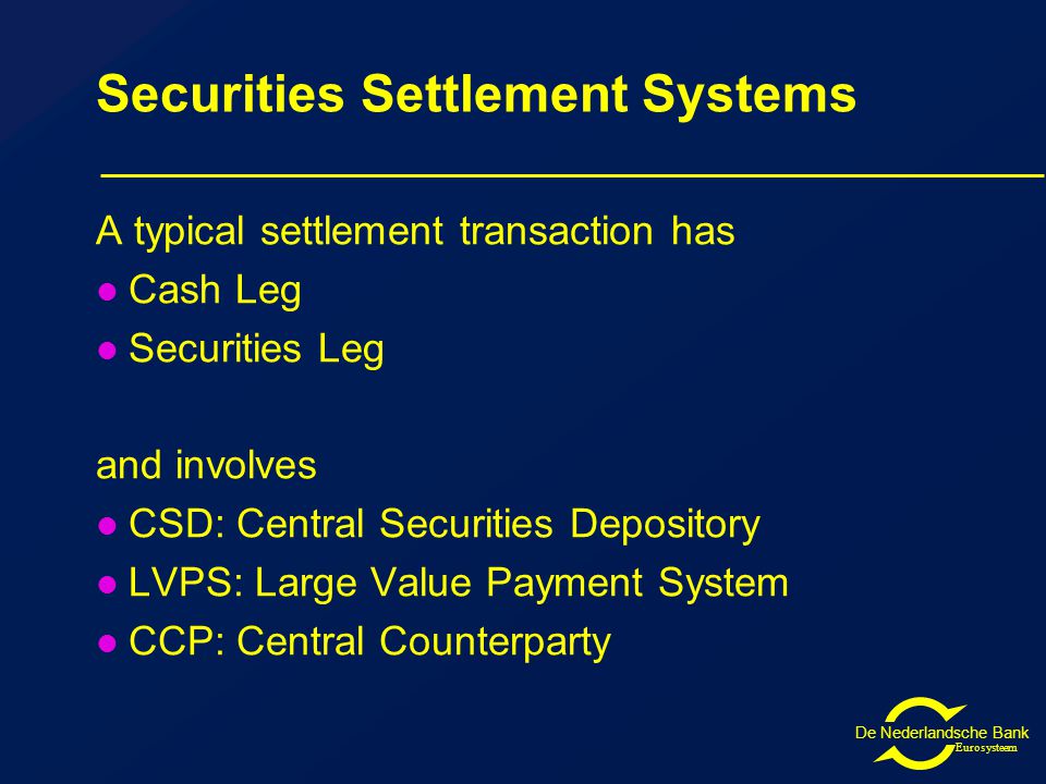 De Nederlandsche Bank Eurosysteem Securities Settlement Systems A typical settlement transaction has Cash Leg Securities Leg and involves CSD: Central Securities Depository LVPS: Large Value Payment System CCP: Central Counterparty