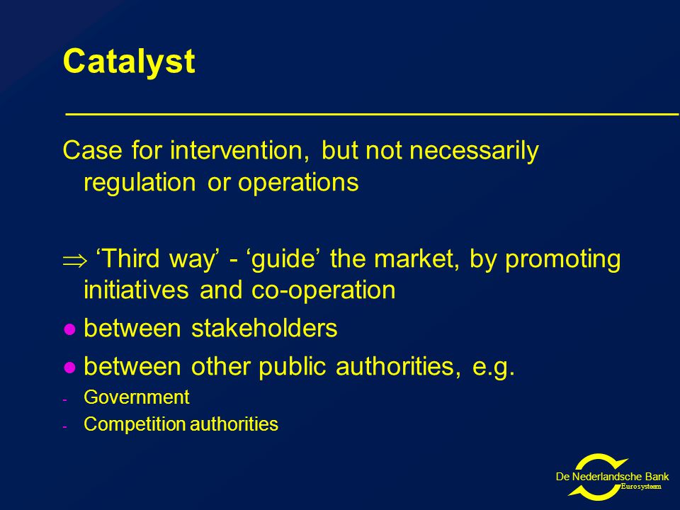 De Nederlandsche Bank Eurosysteem Catalyst Case for intervention, but not necessarily regulation or operations  ‘Third way’ - ‘guide’ the market, by promoting initiatives and co-operation between stakeholders between other public authorities, e.g.