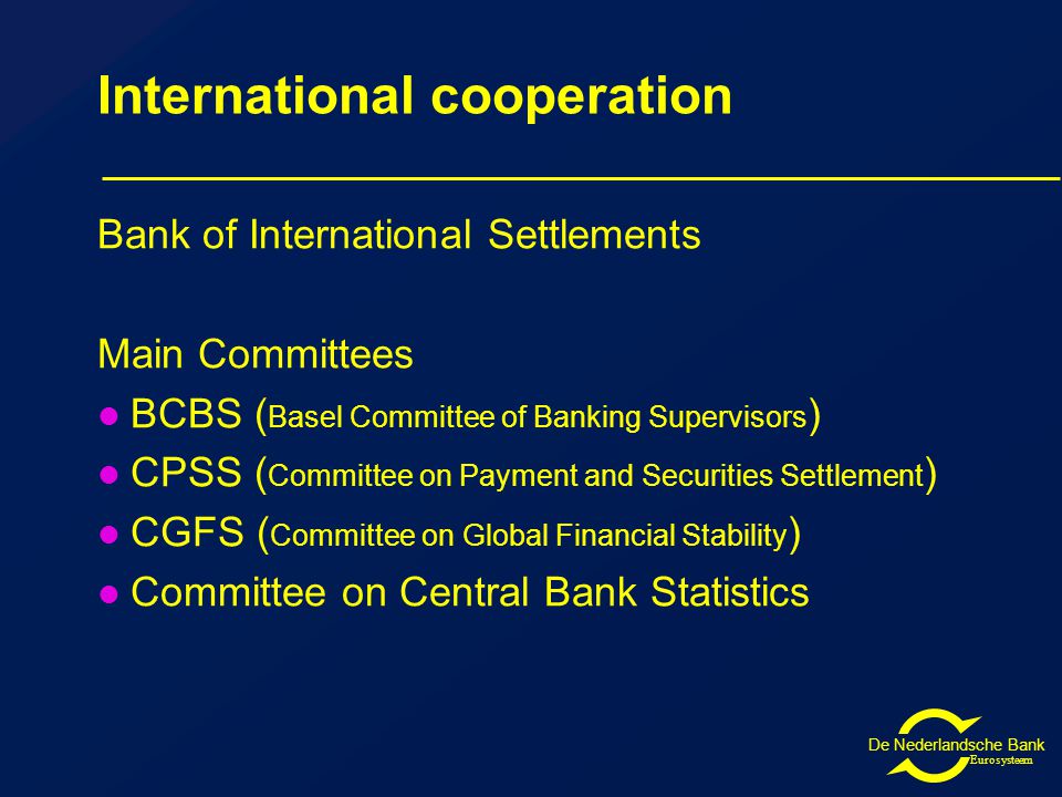 De Nederlandsche Bank Eurosysteem International cooperation Bank of International Settlements Main Committees BCBS ( Basel Committee of Banking Supervisors ) CPSS ( Committee on Payment and Securities Settlement ) CGFS ( Committee on Global Financial Stability ) Committee on Central Bank Statistics