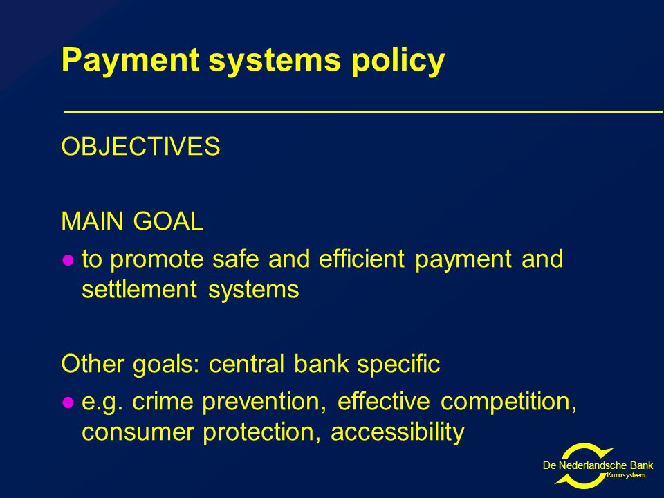 De Nederlandsche Bank Eurosysteem Payment systems policy OBJECTIVES MAIN GOAL to promote safe and efficient payment and settlement systems Other goals: central bank specific e.g.