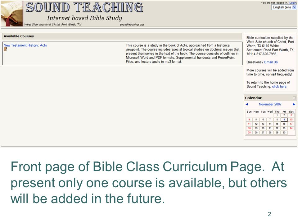 2 Front page of Bible Class Curriculum Page.