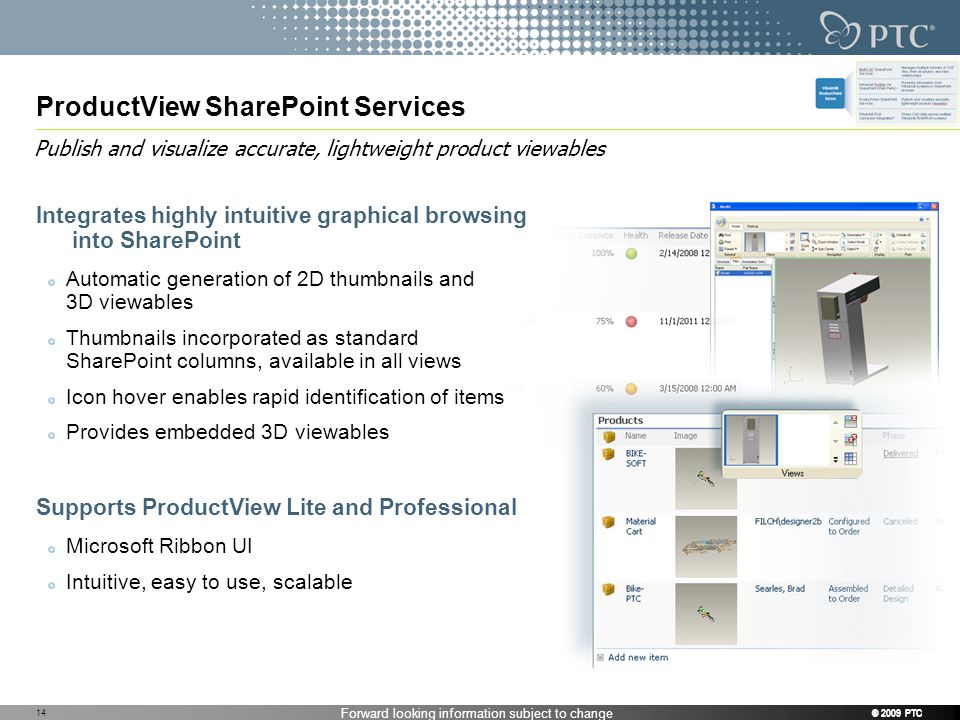 Forward looking information subject to change © 2009 PTC ProductView SharePoint Services Integrates highly intuitive graphical browsing into SharePoint Automatic generation of 2D thumbnails and 3D viewables Thumbnails incorporated as standard SharePoint columns, available in all views Icon hover enables rapid identification of items Provides embedded 3D viewables Supports ProductView Lite and Professional Microsoft Ribbon UI Intuitive, easy to use, scalable Publish and visualize accurate, lightweight product viewables © 2009 PTC 14