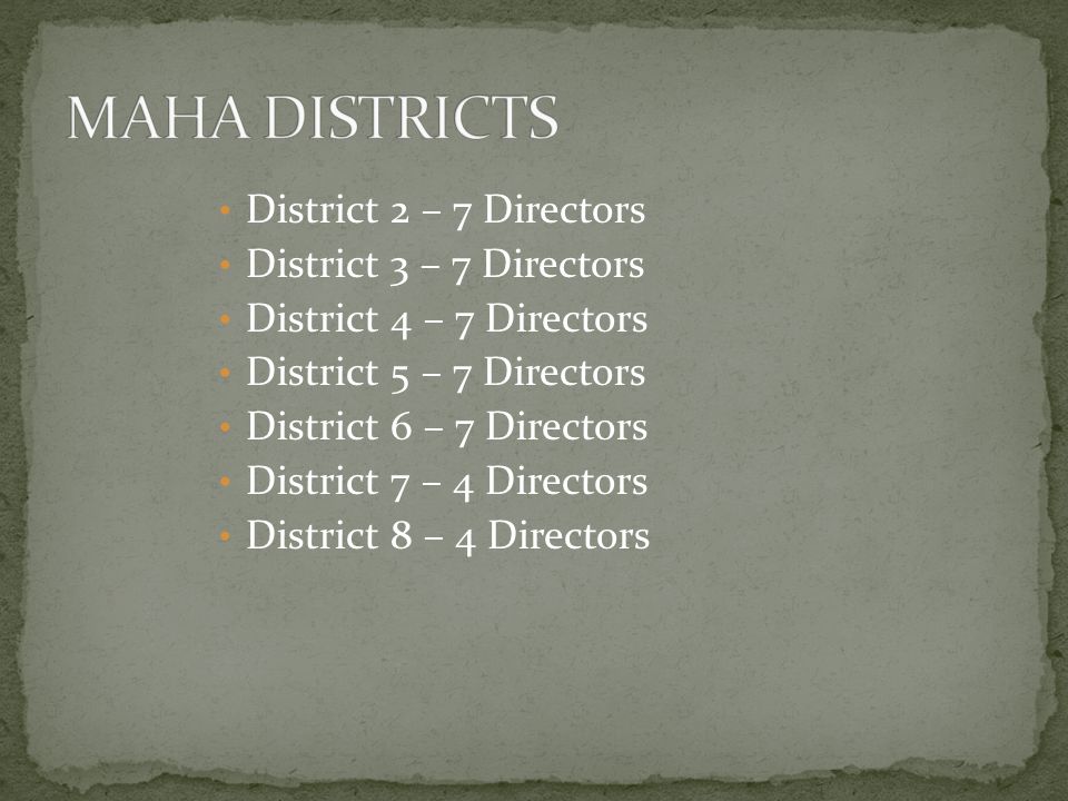 District 2 – 7 Directors District 3 – 7 Directors District 4 – 7 Directors District 5 – 7 Directors District 6 – 7 Directors District 7 – 4 Directors District 8 – 4 Directors