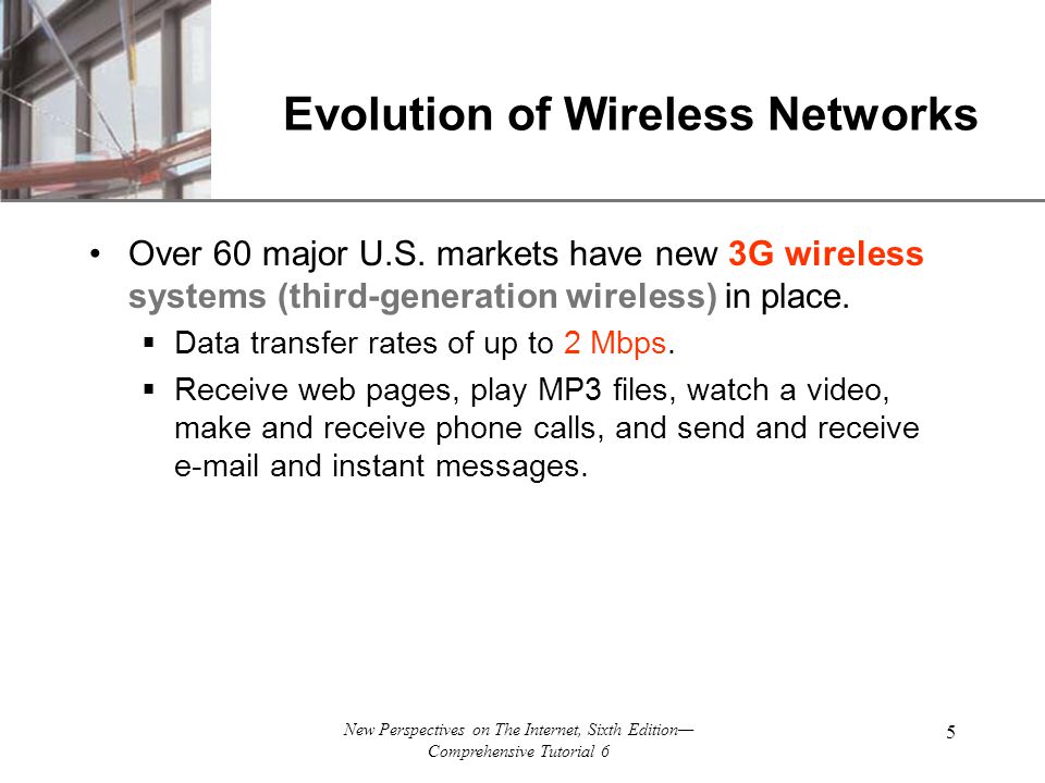 XP New Perspectives on The Internet, Sixth Edition— Comprehensive Tutorial 6 5 Evolution of Wireless Networks Over 60 major U.S.