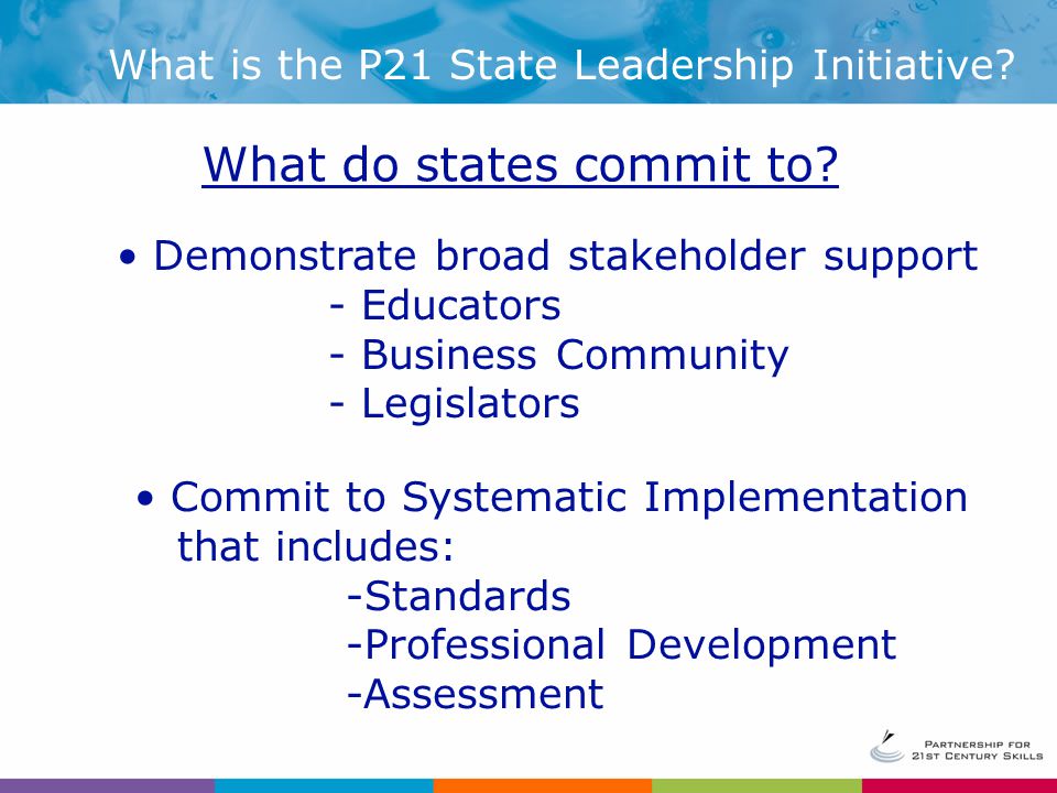 What is the P21 State Leadership Initiative. What do states commit to.