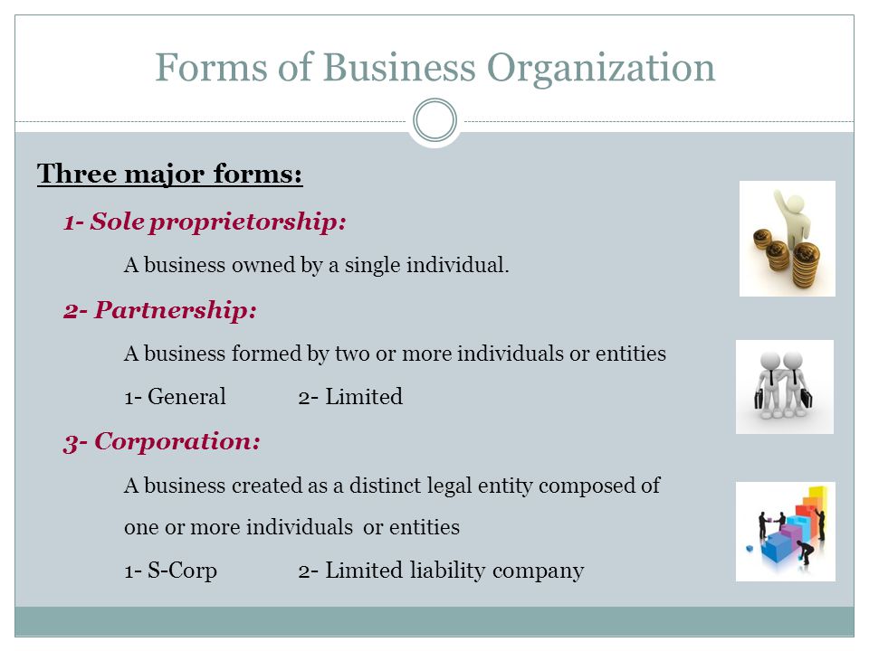 Forms of Business Organization Three major forms: 1- Sole proprietorship: A business owned by a single individual.
