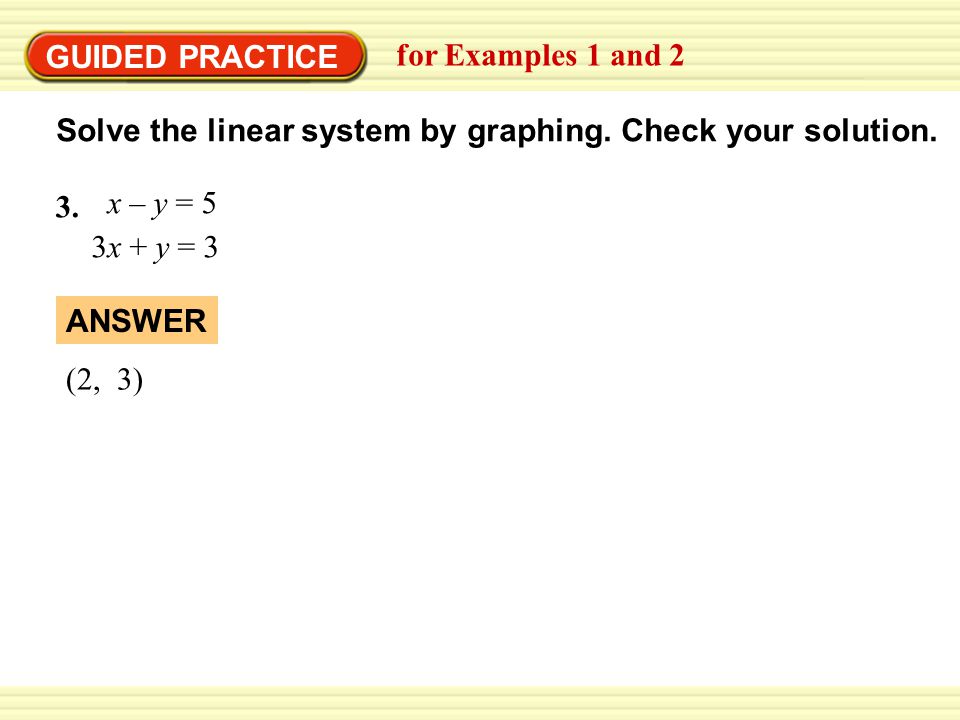 EXAMPLE 2 Use the graph-and-check method Solve the linear system by graphing.