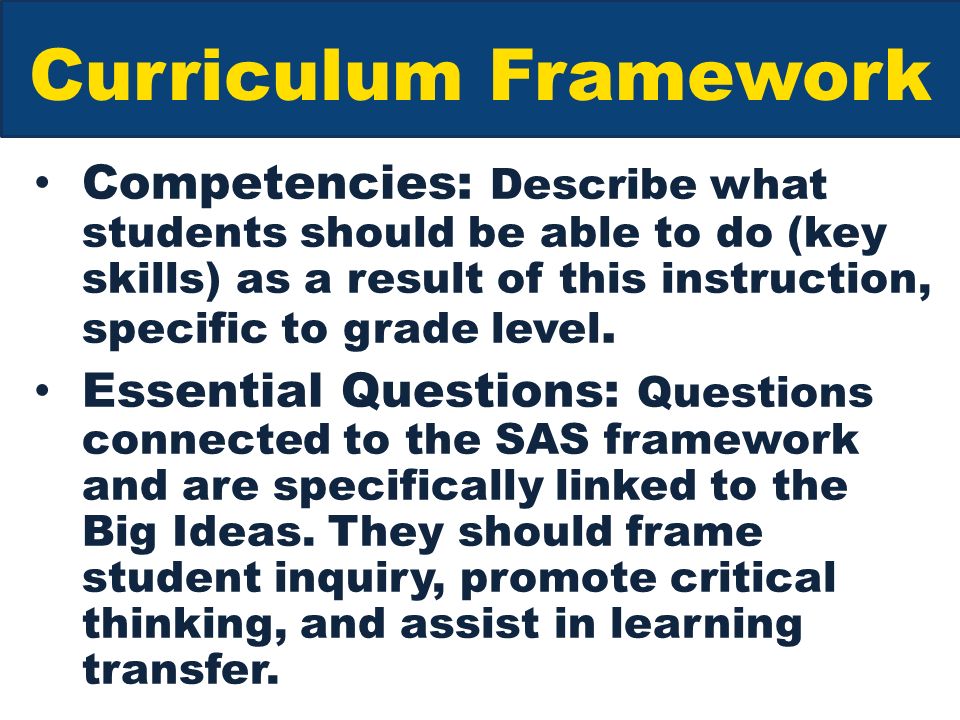 Curriculum Framework Competencies: Describe what students should be able to do (key skills) as a result of this instruction, specific to grade level.