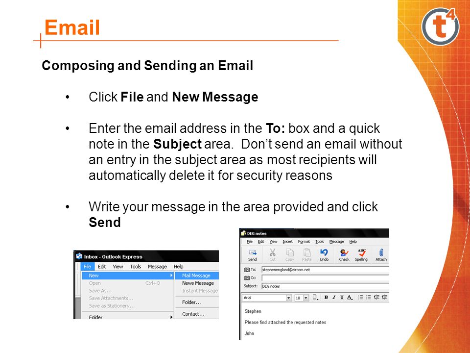 Composing and Sending an  Click File and New Message Enter the  address in the To: box and a quick note in the Subject area.