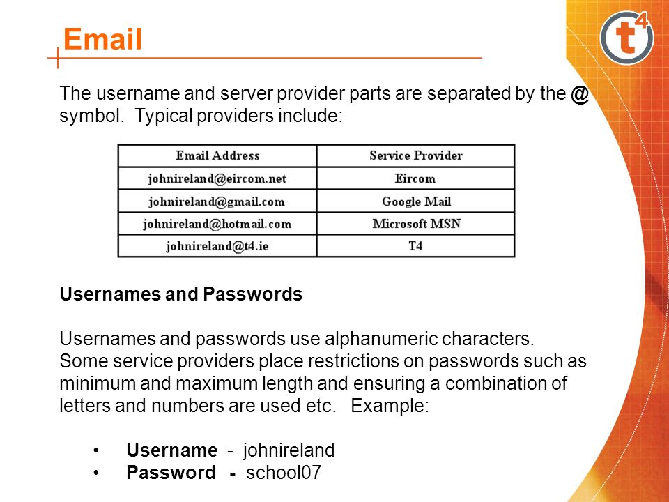 The username and server provider parts are separated by symbol.