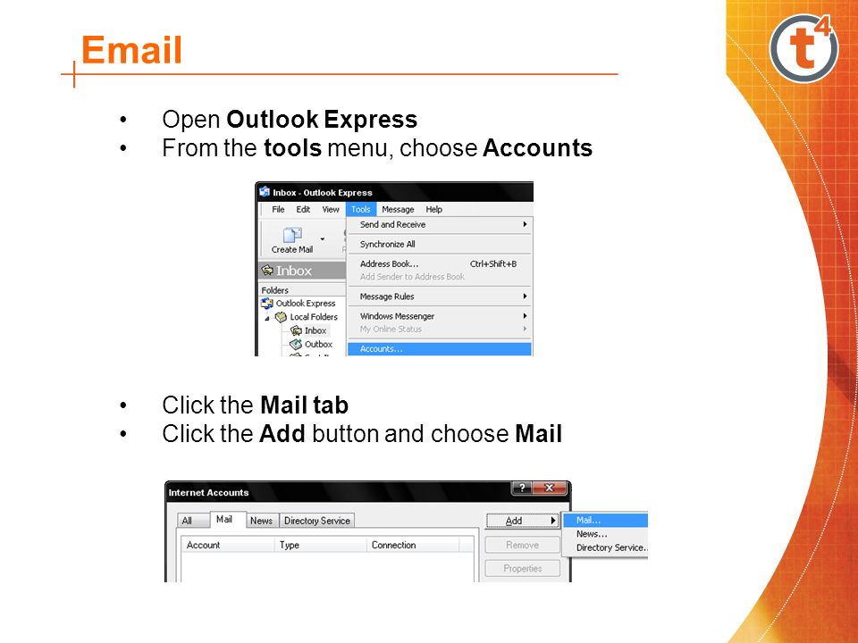 Open Outlook Express From the tools menu, choose Accounts Click the Mail tab Click the Add button and choose Mail
