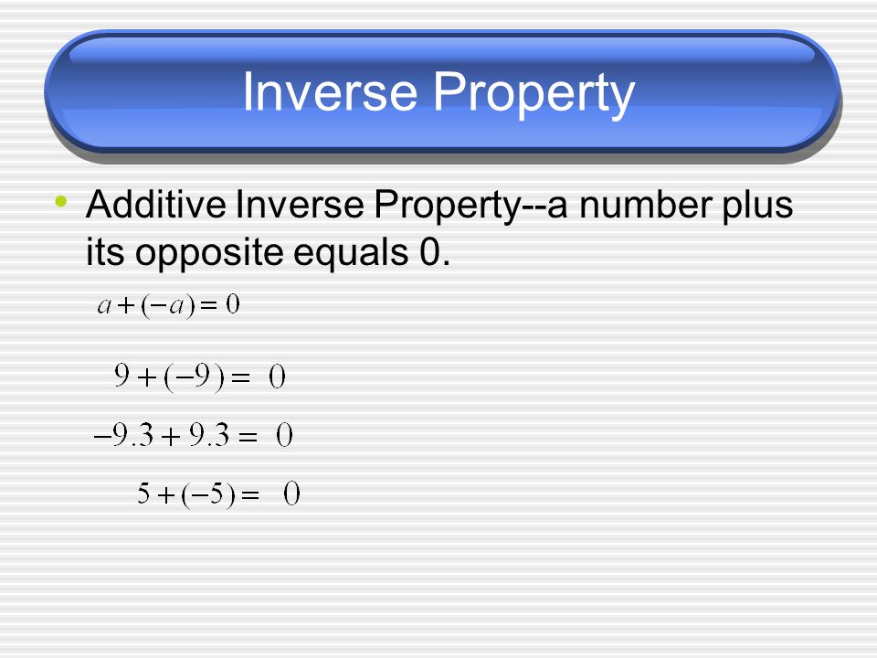 Additive Inverse Property--a number plus its opposite equals 0.