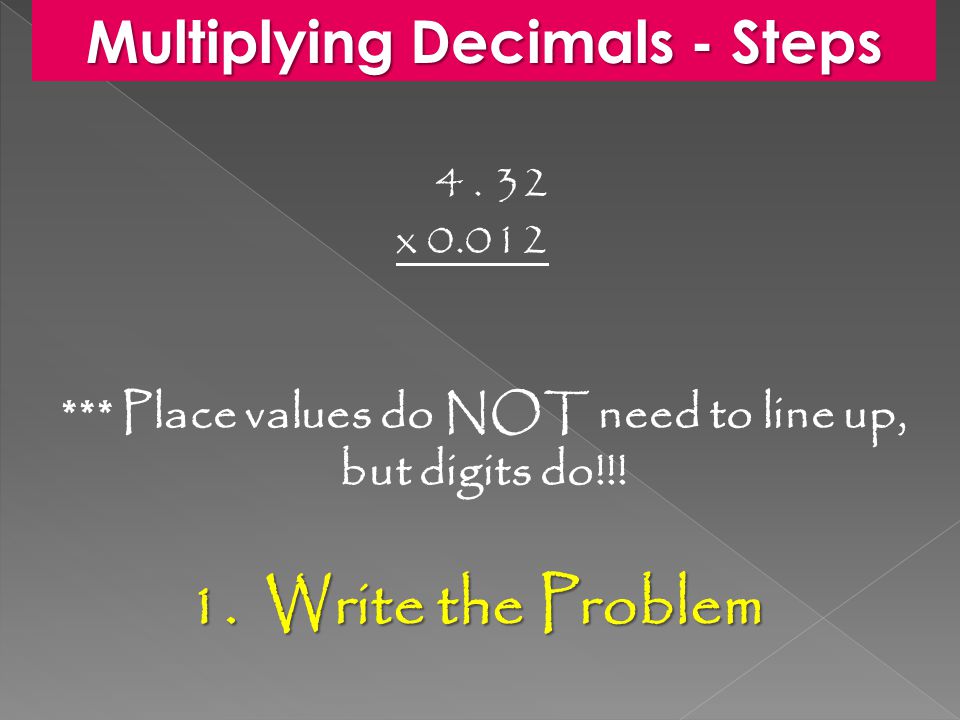 1. Write the Problem x *** Place values do NOT need to line up, but digits do!!.