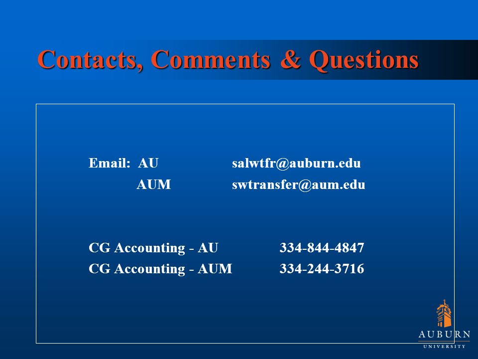 Contacts, Comments & Questions    CG Accounting - AU CG Accounting - AUM