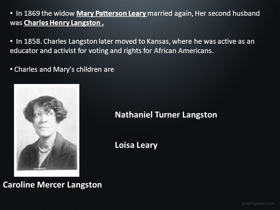 In 1869 the widow Mary Patterson Leary married again, Her second husband was Charles Henry Langston.
