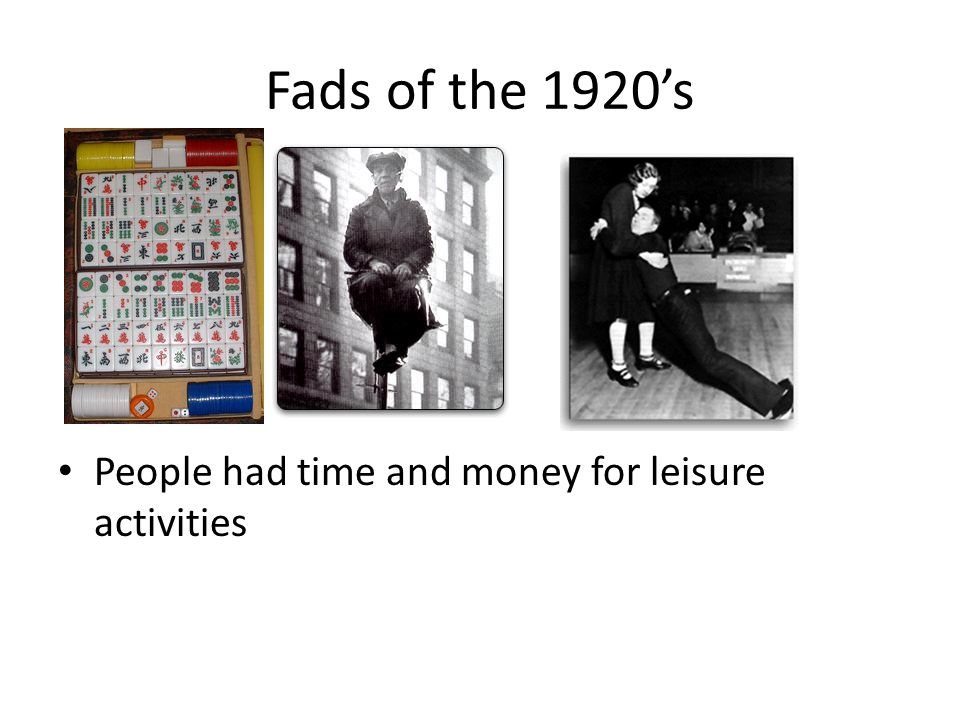 Fads of the 1920’s People had time and money for leisure activities