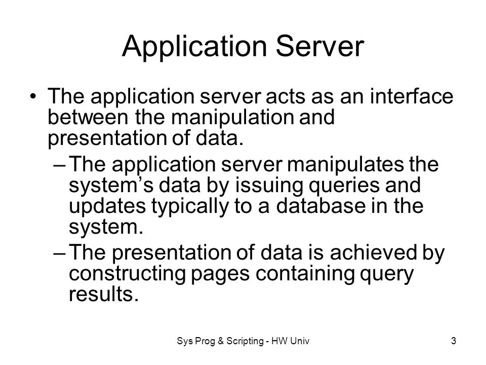 Sys Prog & Scripting - HW Univ3 Application Server The application server acts as an interface between the manipulation and presentation of data.