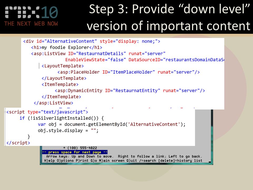 Step 3: Provide down level version of important content