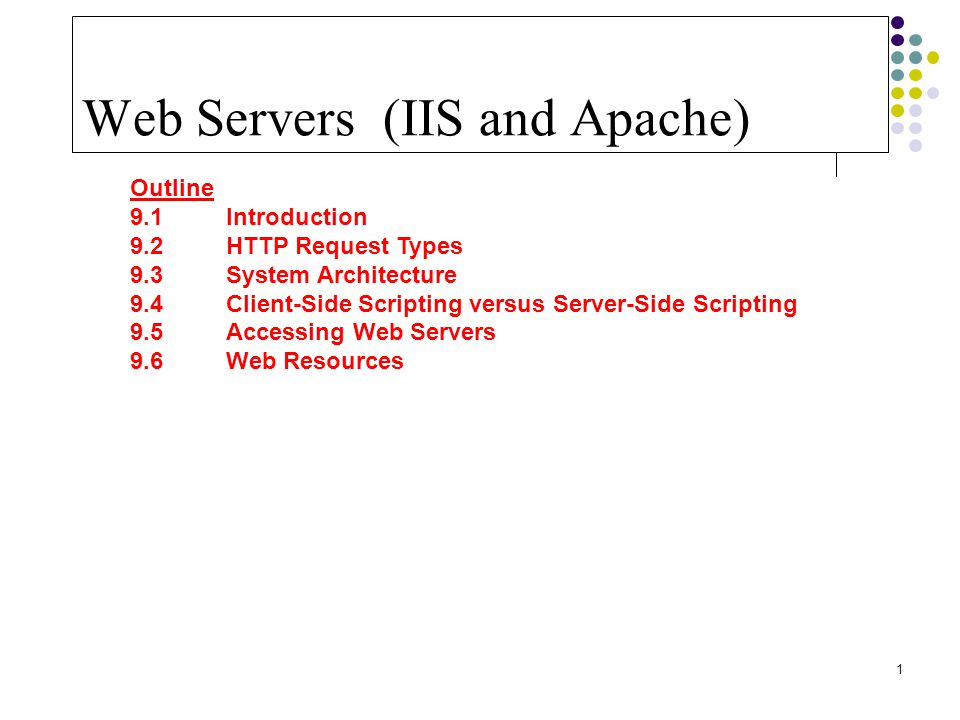 1 Web Servers (IIS and Apache) Outline 9.1 Introduction 9.2 HTTP Request Types 9.3 System Architecture 9.4 Client-Side Scripting versus Server-Side Scripting 9.5 Accessing Web Servers 9.6 Web Resources