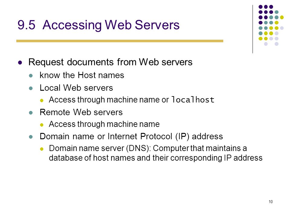 Accessing Web Servers Request documents from Web servers know the Host names Local Web servers Access through machine name or localhost Remote Web servers Access through machine name Domain name or Internet Protocol (IP) address Domain name server (DNS): Computer that maintains a database of host names and their corresponding IP address