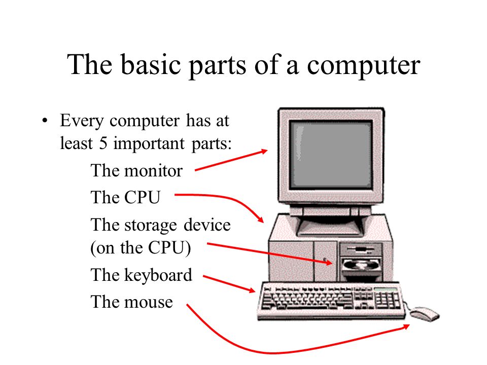 The basic parts of a computer Every computer has at least 5 important parts: The monitor The CPU The storage device (on the CPU) The keyboard The mouse