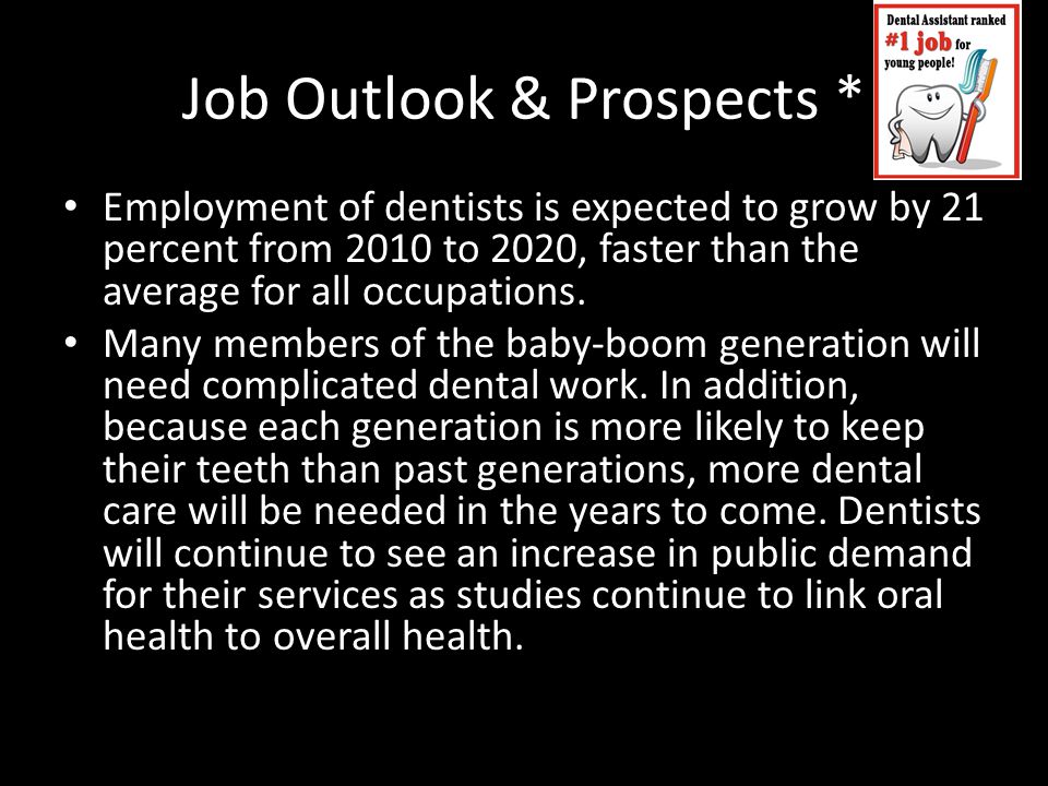 Job Outlook & Prospects * Employment of dentists is expected to grow by 21 percent from 2010 to 2020, faster than the average for all occupations.