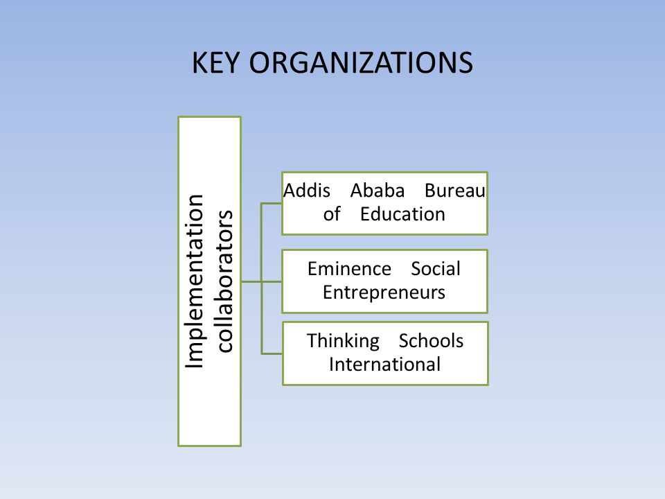 KEY ORGANIZATIONS Implementation collaborators Addis Ababa Bureau of Education Eminence Social Entrepreneurs Thinking Schools International