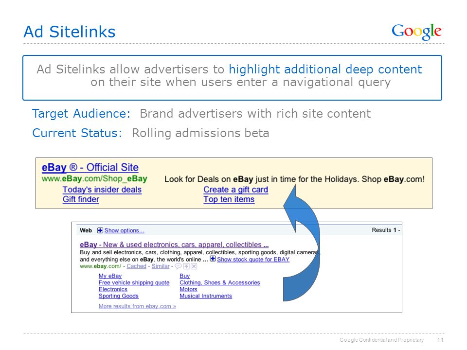 Google Confidential and Proprietary 11 Ad Sitelinks Ad Sitelinks allow advertisers to highlight additional deep content on their site when users enter a navigational query Target Audience: Brand advertisers with rich site content Current Status: Rolling admissions beta