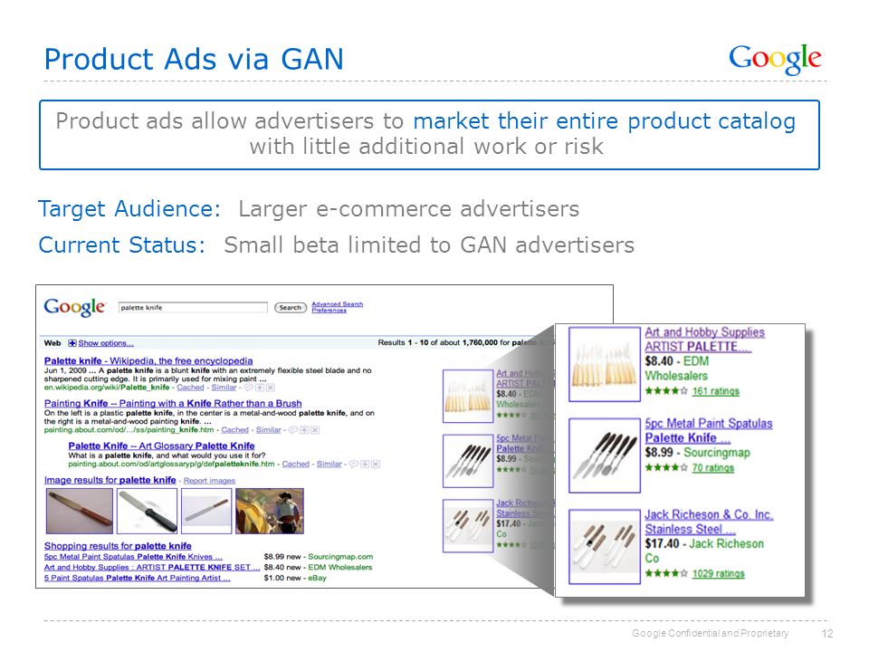 Google Confidential and Proprietary 12 Product Ads via GAN Product ads allow advertisers to market their entire product catalog with little additional work or risk Target Audience: Larger e-commerce advertisers Current Status: Small beta limited to GAN advertisers