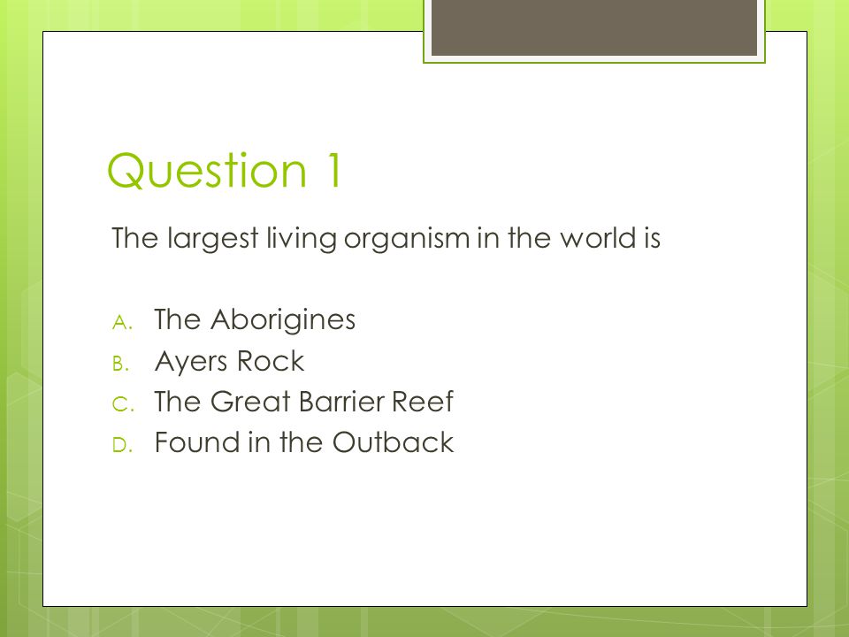 Question 1 The largest living organism in the world is A.