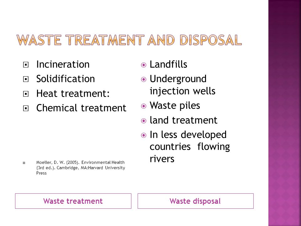 Waste treatmentWaste disposal  Incineration  Solidification  Heat treatment:  Chemical treatment  Moeller, D.