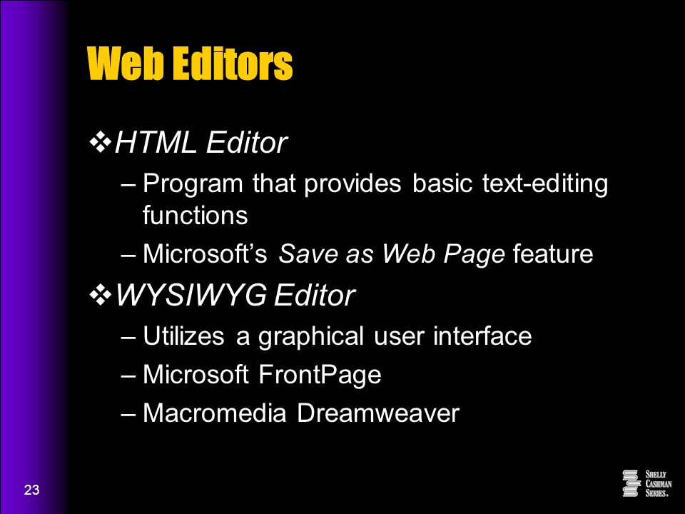 23 Web Editors  HTML Editor –Program that provides basic text-editing functions –Microsoft’s Save as Web Page feature  WYSIWYG Editor –Utilizes a graphical user interface –Microsoft FrontPage –Macromedia Dreamweaver