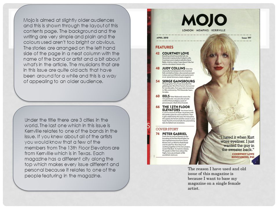 Mojo is aimed at slightly older audiences and this is shown through the layout of this contents page.