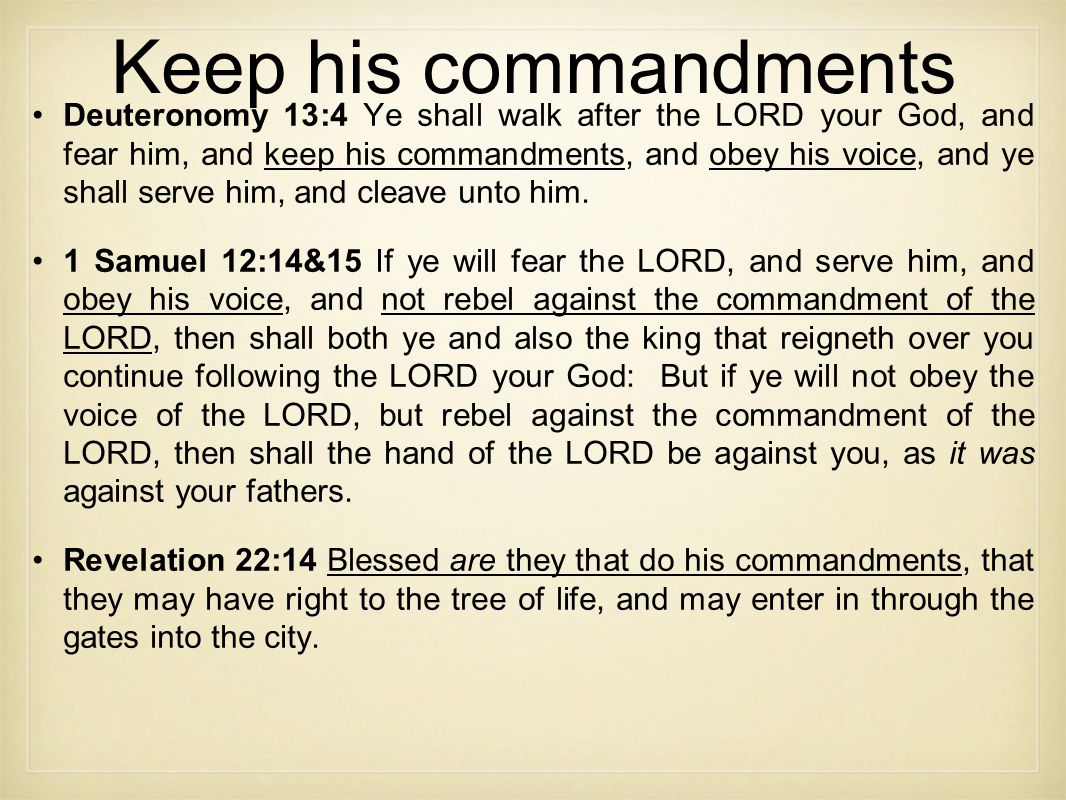 Keep his commandments Deuteronomy 13:4 Ye shall walk after the LORD your God, and fear him, and keep his commandments, and obey his voice, and ye shall serve him, and cleave unto him.