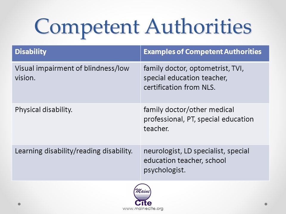 Competent Authorities DisabilityExamples of Competent Authorities Visual impairment of blindness/low vision.