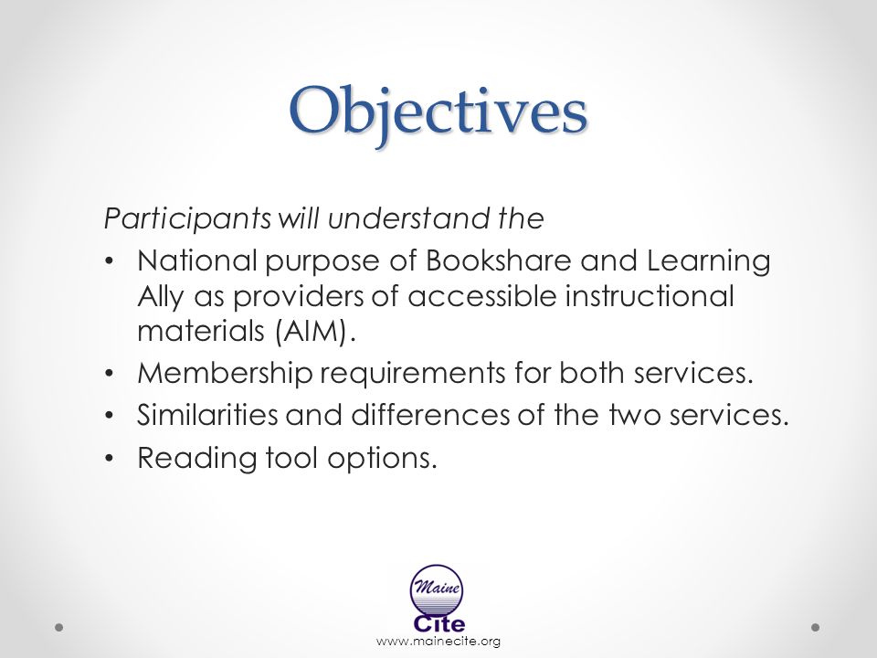 Participants will understand the National purpose of Bookshare and Learning Ally as providers of accessible instructional materials (AIM).
