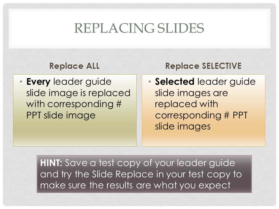 REPLACING SLIDES Replace ALL Every leader guide slide image is replaced with corresponding # PPT slide image Replace SELECTIVE Selected leader guide slide images are replaced with corresponding # PPT slide images HINT: Save a test copy of your leader guide and try the Slide Replace in your test copy to make sure the results are what you expect