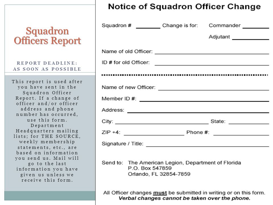 Squadron Officers Report REPORT DEADLINE: AS SOON AS POSSIBLE This report is used after you have sent in the Squadron Officer Report.