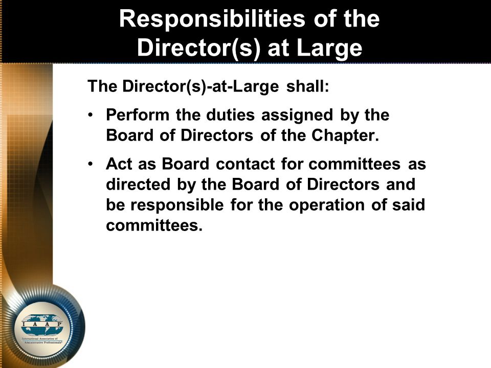 Responsibilities of the Director(s) at Large The Director(s)-at-Large shall: Perform the duties assigned by the Board of Directors of the Chapter.