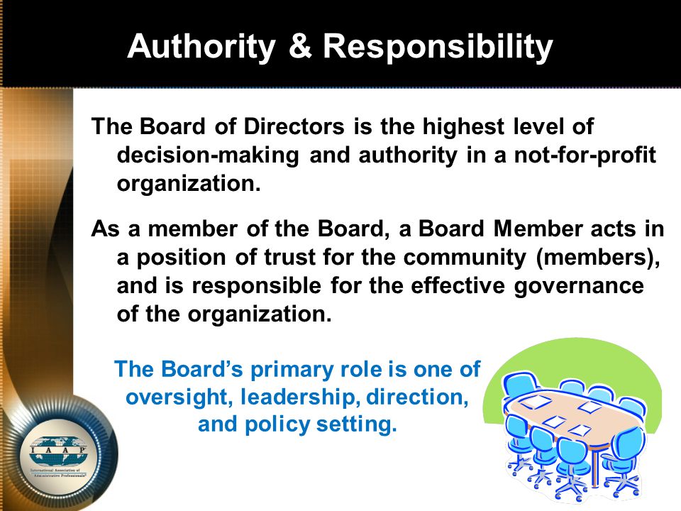 Authority & Responsibility The Board of Directors is the highest level of decision-making and authority in a not-for-profit organization.