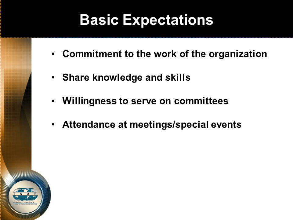 Basic Expectations Commitment to the work of the organization Share knowledge and skills Willingness to serve on committees Attendance at meetings/special events