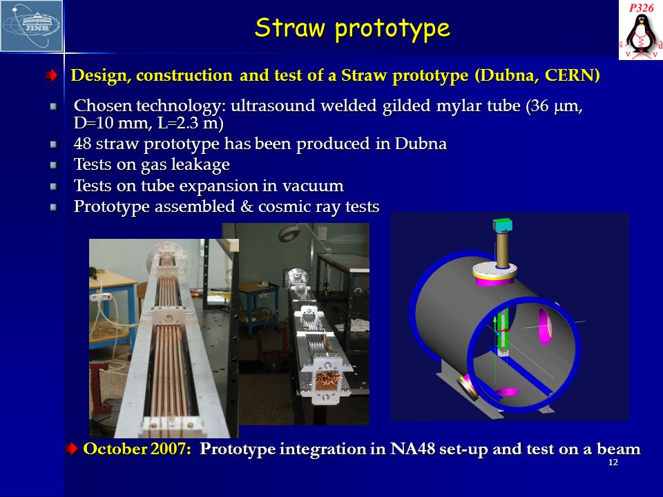 12 Straw prototype Chosen technology: ultrasound welded gilded mylar tube (36  m, D=10 mm, L=2.3 m) 48 straw prototype has been produced in Dubna Tests on gas leakage Tests on tube expansion in vacuum Prototype assembled & cosmic ray tests October 2007: Prototype integration in NA48 set-up and test on a beam October 2007: Prototype integration in NA48 set-up and test on a beam Design, construction and test of a Straw prototype (Dubna, CERN)