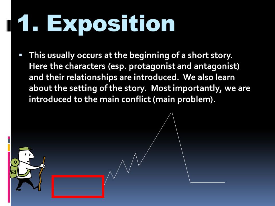 1. Exposition  This usually occurs at the beginning of a short story.