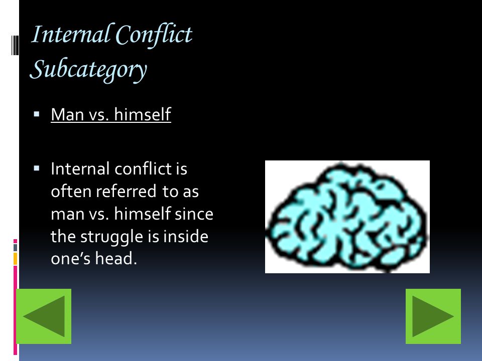 Internal Conflict Subcategory  Man vs. himself  Internal conflict is often referred to as man vs.