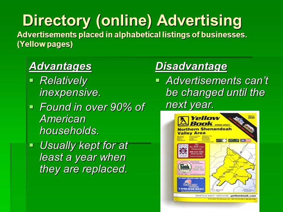 Directory (online) Advertising Advertisements placed in alphabetical listings of businesses.