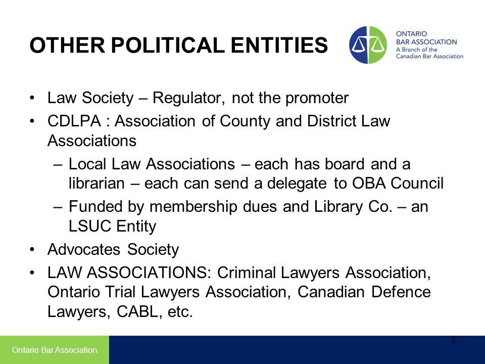 OTHER POLITICAL ENTITIES Law Society – Regulator, not the promoter CDLPA : Association of County and District Law Associations –Local Law Associations – each has board and a librarian – each can send a delegate to OBA Council –Funded by membership dues and Library Co.