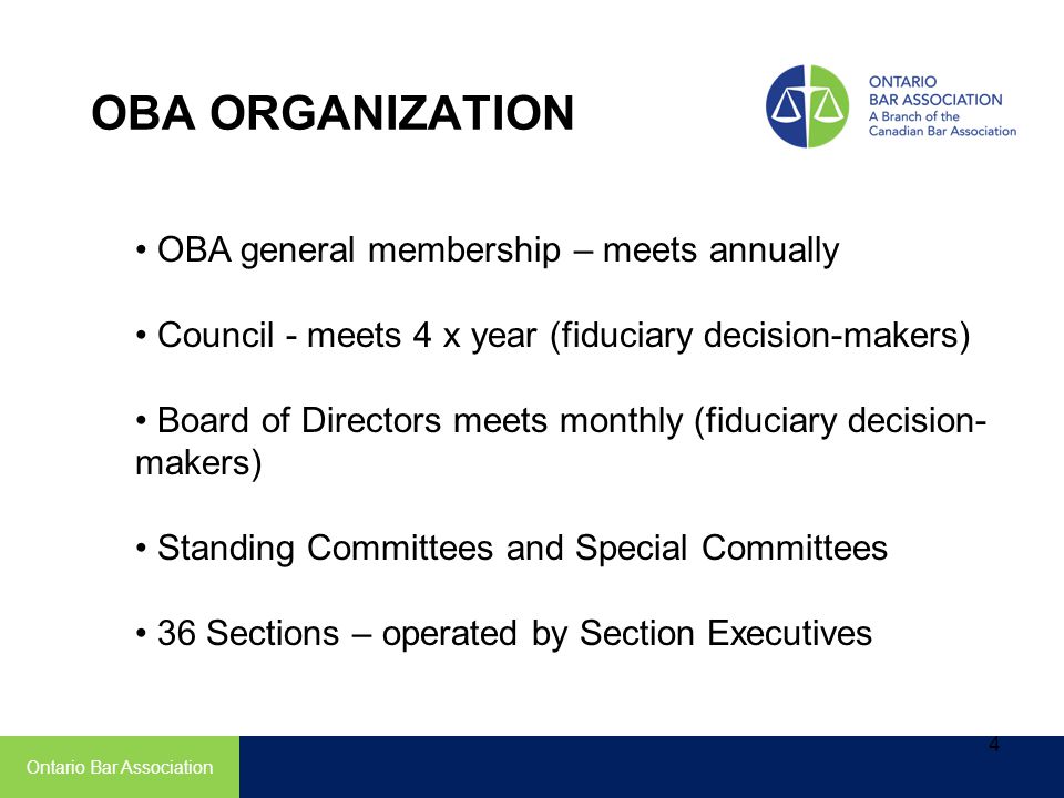 OBA ORGANIZATION OBA general membership – meets annually Council - meets 4 x year (fiduciary decision-makers) Board of Directors meets monthly (fiduciary decision- makers) Standing Committees and Special Committees 36 Sections – operated by Section Executives Ontario Bar Association 4