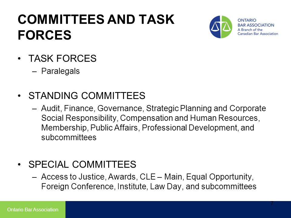 COMMITTEES AND TASK FORCES TASK FORCES –Paralegals STANDING COMMITTEES –Audit, Finance, Governance, Strategic Planning and Corporate Social Responsibility, Compensation and Human Resources, Membership, Public Affairs, Professional Development, and subcommittees SPECIAL COMMITTEES –Access to Justice, Awards, CLE – Main, Equal Opportunity, Foreign Conference, Institute, Law Day, and subcommittees Ontario Bar Association 7